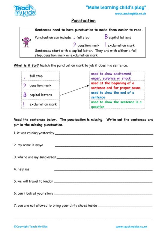 Worksheets for kids - punctuation